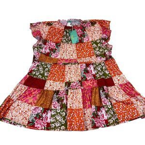 NWT Floral Patchwork Baby Doll Top Cap Sleeves Sunshine And Rodeo Womens Large